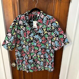 Keith Haring H&M Button Down Shirt Mens Short Sleeve All Over Print Black